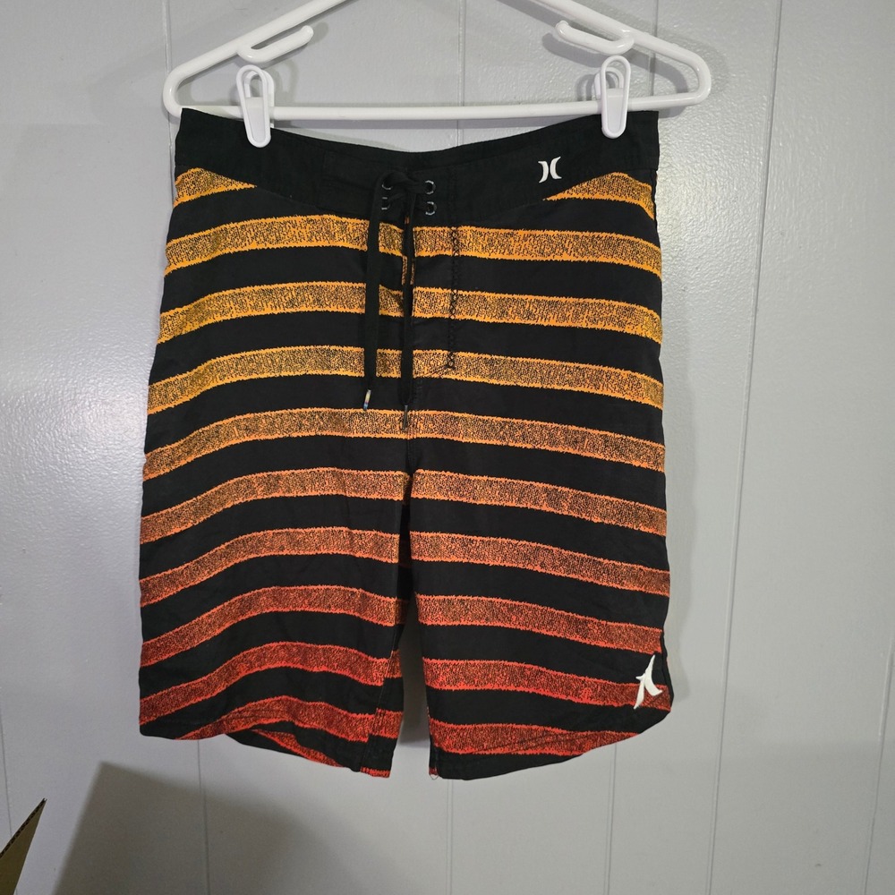Hurley Board Shorts Mens‎ 32 Black Orange Striped Phantom Swim Trunks 4389